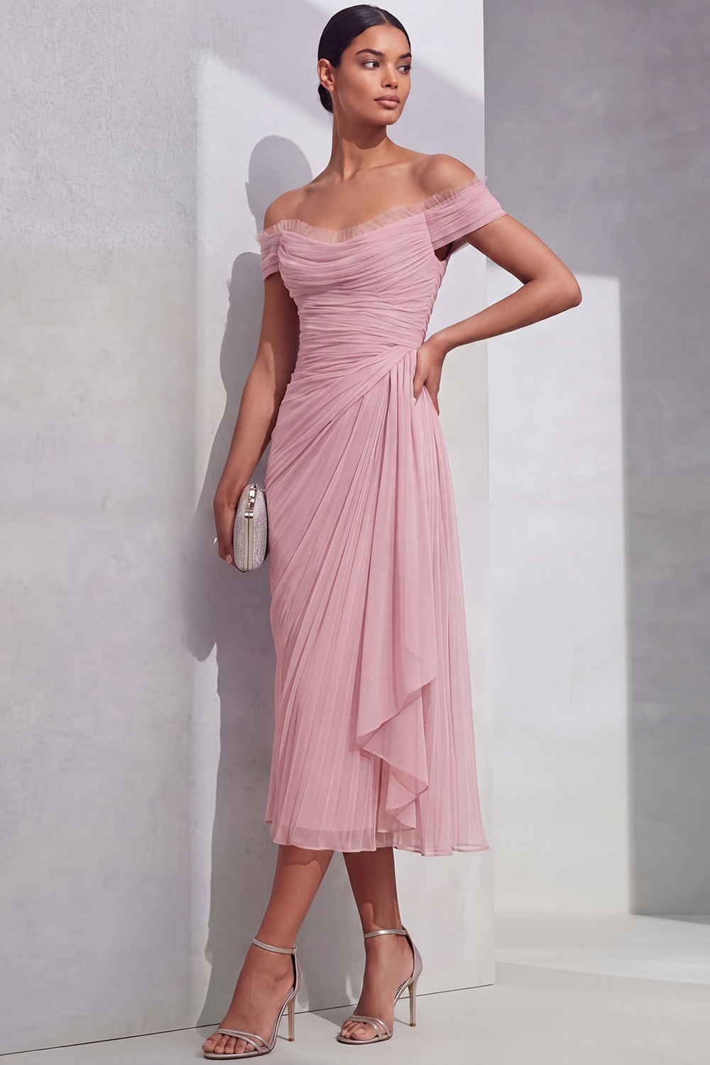 Lilac Formal Evening Dress Off the Shoulder Pleated Chiffon Midi Dress