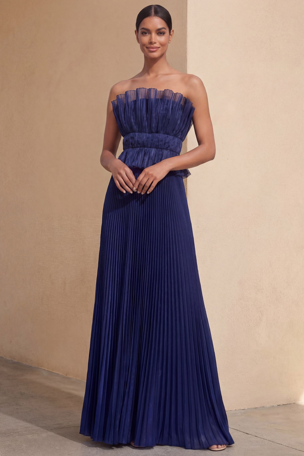 Navy Formal Evening Dress A-Line Strapless Pleated Maxi Dress 