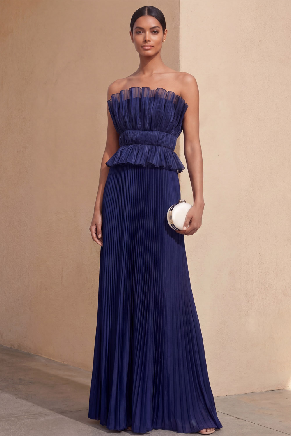 Navy Formal Evening Dress A-Line Strapless Pleated Maxi Dress 