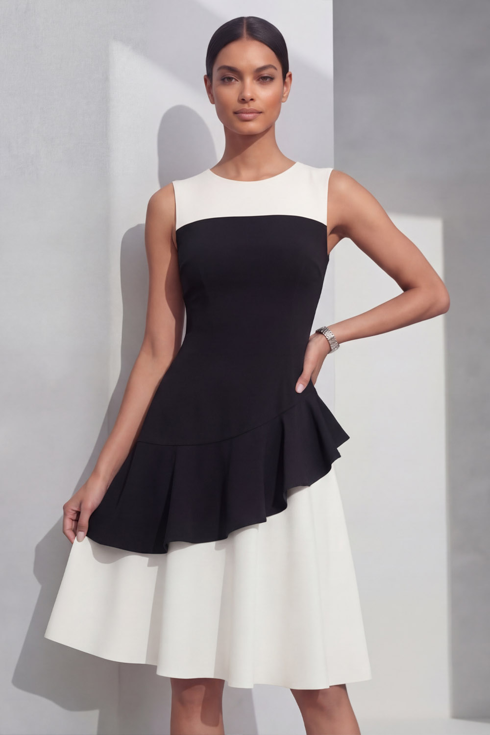 Black Cocktail Party Dress​​ A-Line Round Neck Midi Dress 