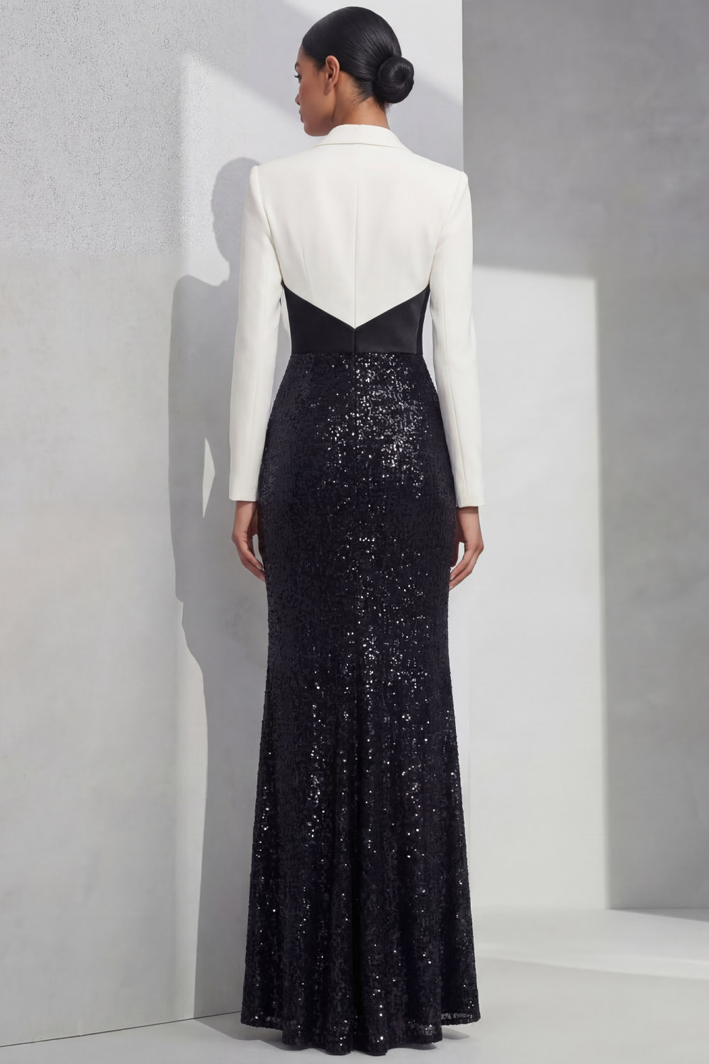 White Formal Dress Mermaid Lapel Sequin Maxi Dress with Slit