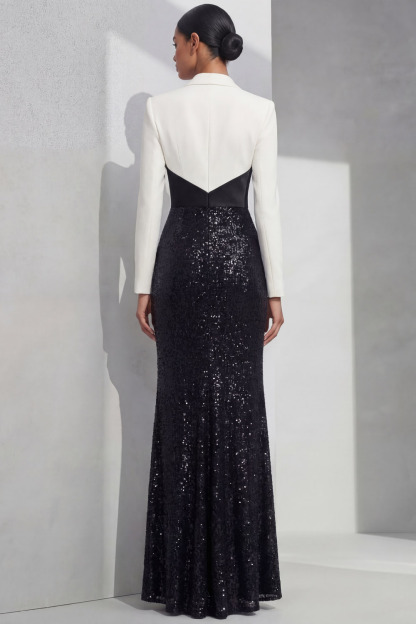 White Formal Dress Mermaid Lapel Sequin Maxi Dress with Slit