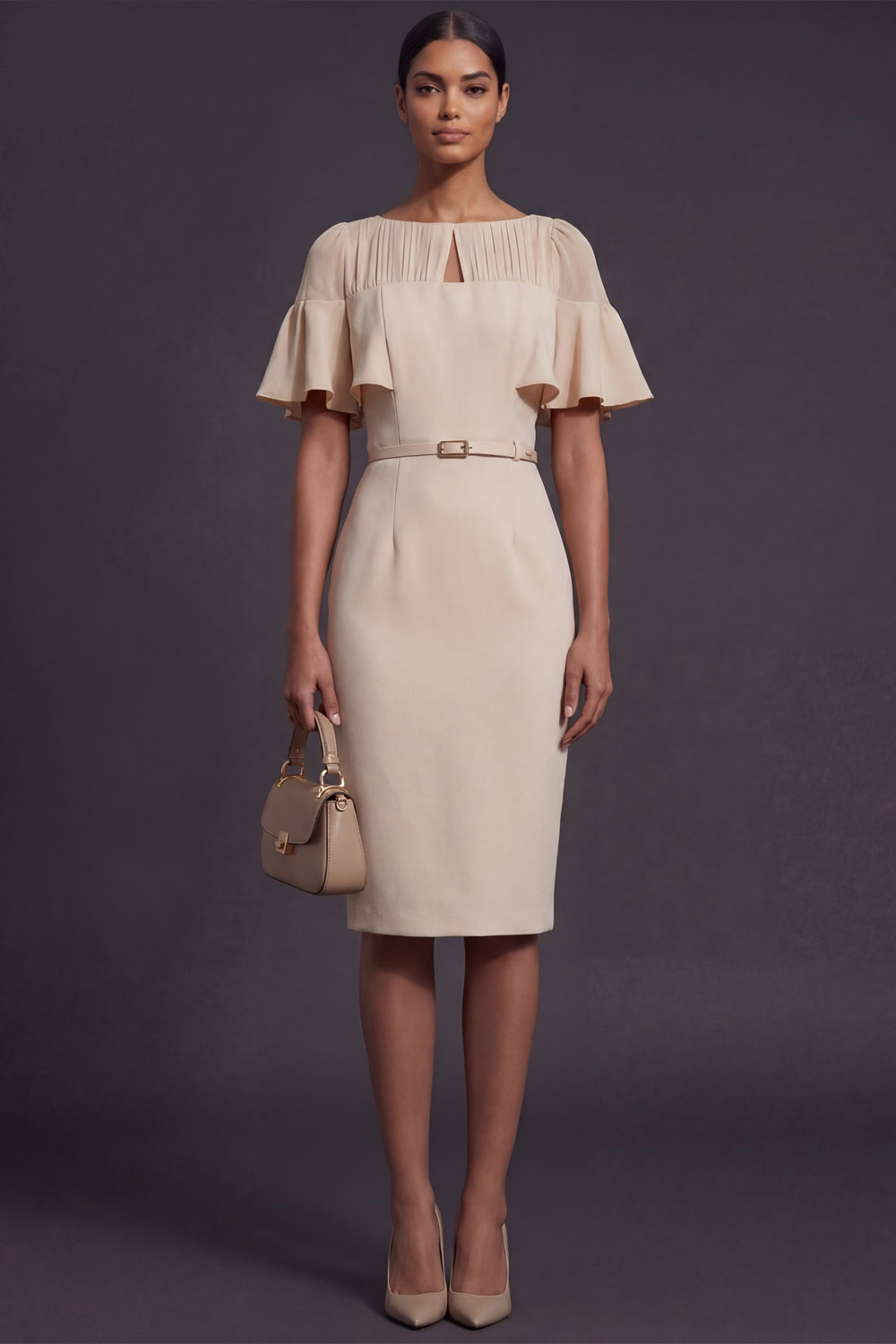 Ivory Business Work Dress Crew Neck Ruffle Sleeve Midi Dress