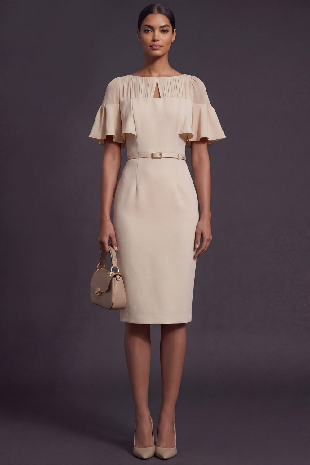 Ivory Business Work Dress Crew Neck Ruffle Sleeve Midi Dress