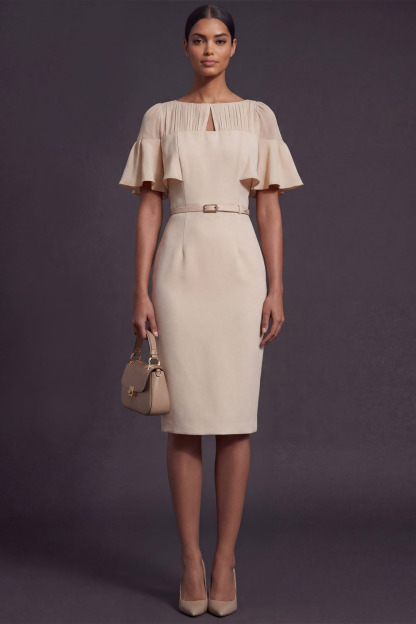 Ivory Business Work Dress Crew Neck Ruffle Sleeve Midi Dress