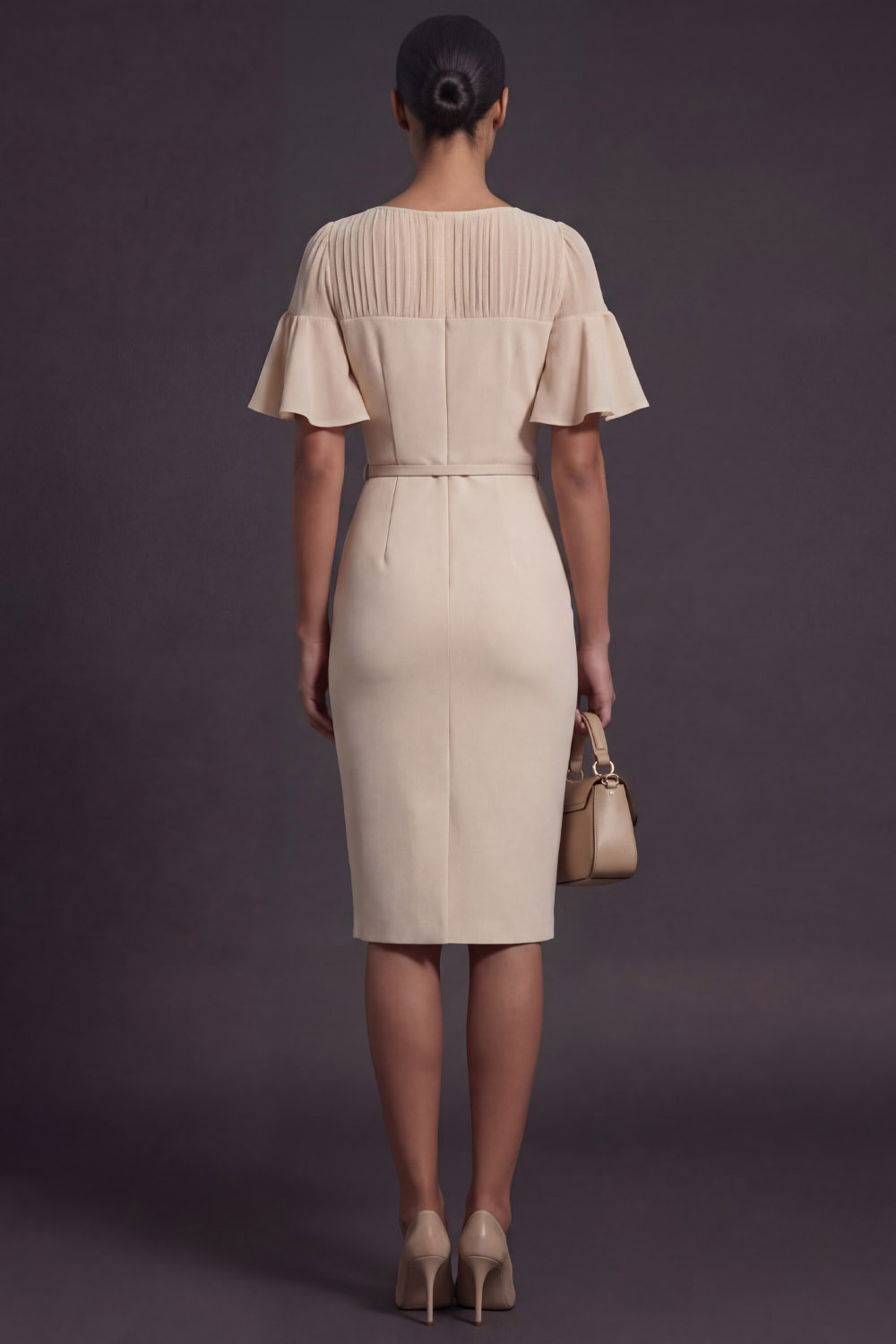 Ivory Business Work Dress Crew Neck Ruffle Sleeve Midi Dress