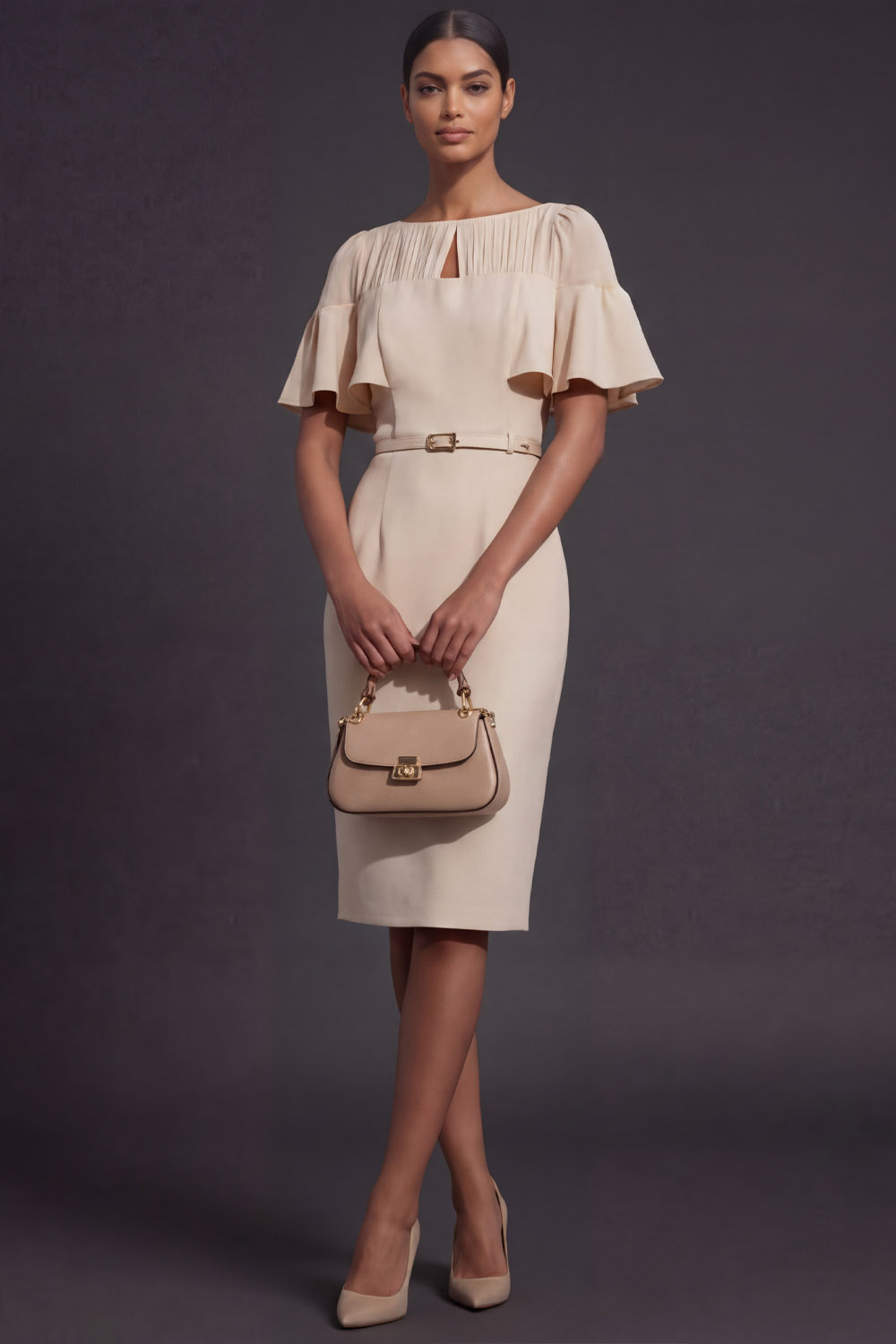 Ivory Business Work Dress Crew Neck Ruffle Sleeve Midi Dress