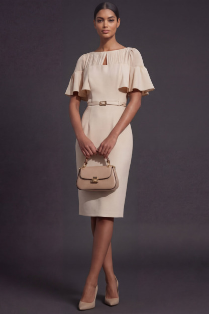 Ivory Business Work Dress Crew Neck Ruffle Sleeve Midi Dress