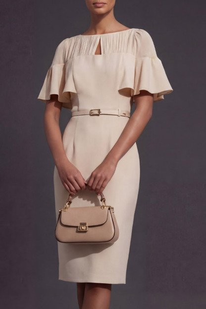 Ivory Business Work Dress Crew Neck Ruffle Sleeve Midi Dress