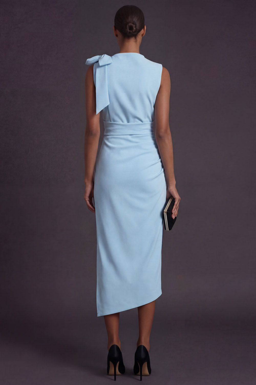 Sky Blue Formal Work Dress Round Neck Bow Midi Dress with Slit