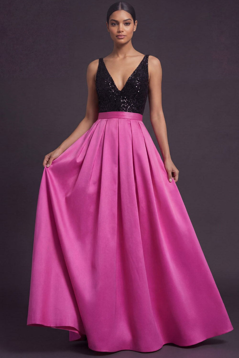 Fuchsia Formal Evening Dress V-Neck Satin Maxi Dress with Sequin