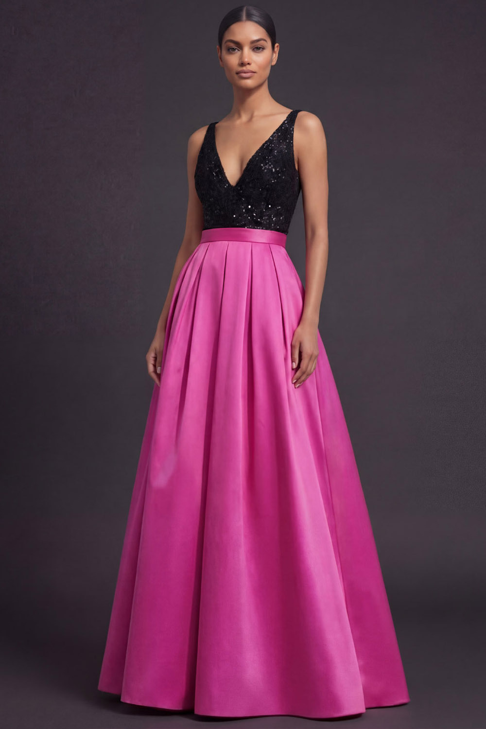 Fuchsia Formal Evening Dress V-Neck Satin Maxi Dress with Sequin