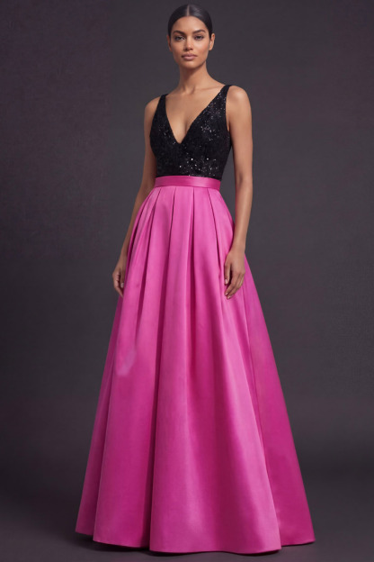 Fuchsia Formal Evening Dress V-Neck Satin Maxi Dress with Sequin