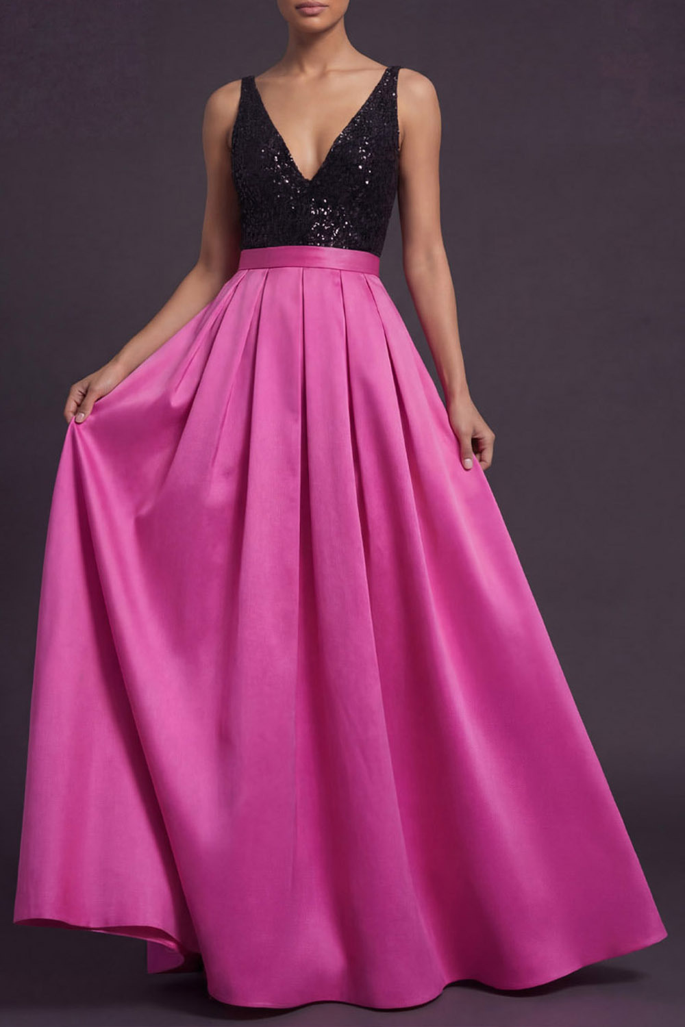 Fuchsia Formal Evening Dress V-Neck Satin Maxi Dress with Sequin