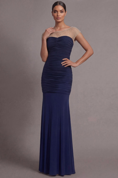 Navy Formal Evening Dress Mermaid Crew Neck Pleated Maxi Dress 