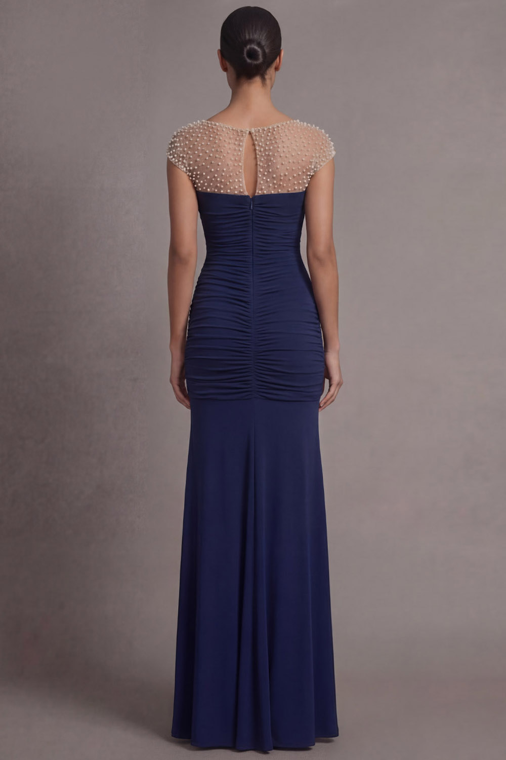 Navy Formal Evening Dress Mermaid Crew Neck Pleated Maxi Dress 