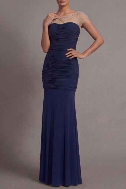 Navy Formal Evening Dress Mermaid Crew Neck Pleated Maxi Dress 
