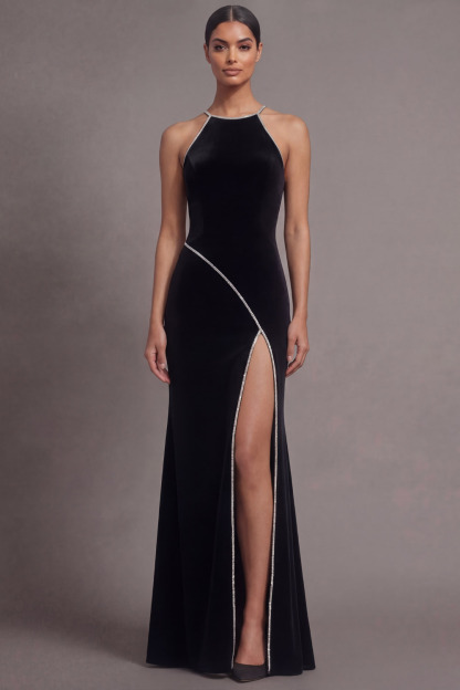 Black Formal Evening Dress Mermaid Halter Maxi Dress with Slit