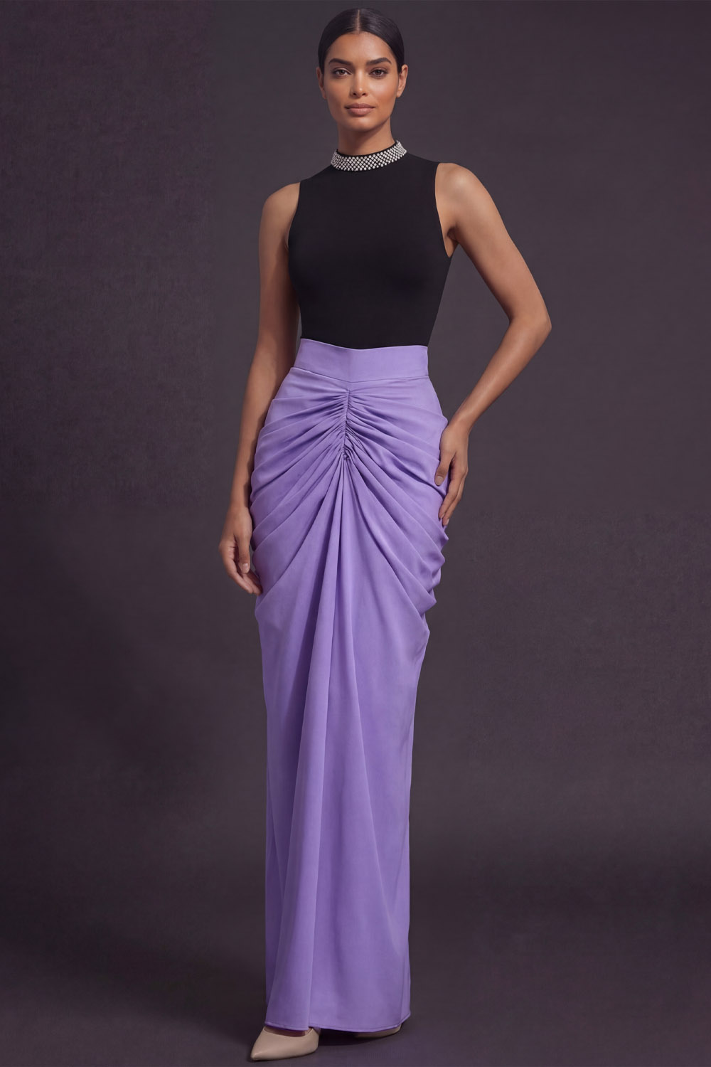 Lilac Formal Evening Dress Sheath High Neck Ruched Maxi Dress