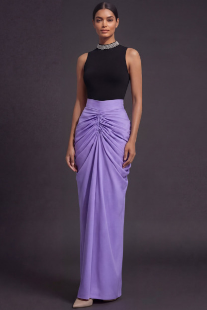 Lilac Formal Evening Dress Sheath High Neck Ruched Maxi Dress 