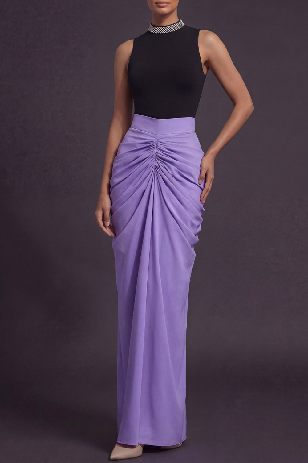 Lilac Formal Evening Dress Sheath High Neck Ruched Maxi Dress 