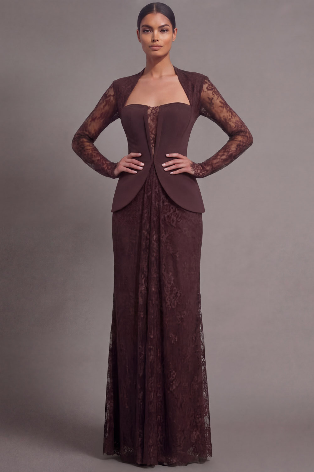 Brown Formal Evening Dress Mermaid Long Sleeve Lace Maxi Dress
