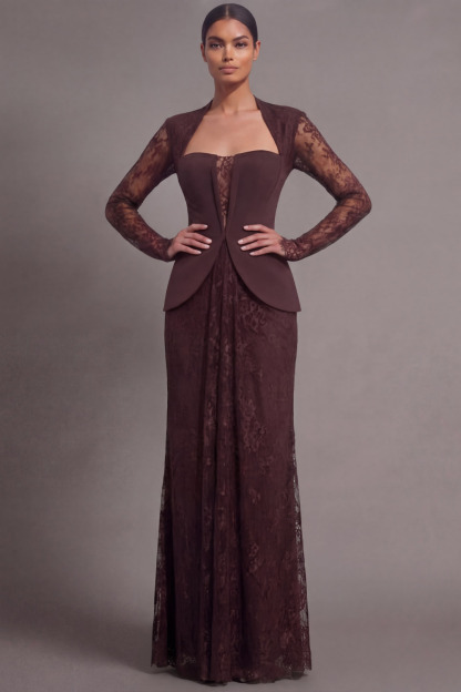 Brown Formal Evening Dress Mermaid Long Sleeve Lace Maxi Dress 