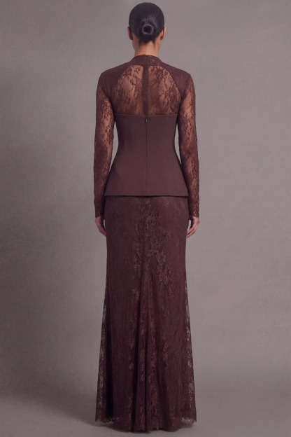 Brown Formal Evening Dress Mermaid Long Sleeve Lace Maxi Dress 