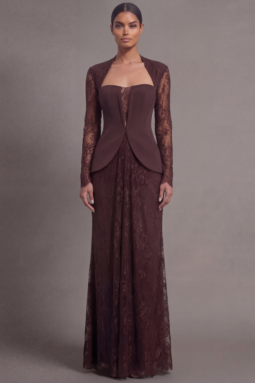 Brown Formal Evening Dress Mermaid Long Sleeve Lace Maxi Dress 