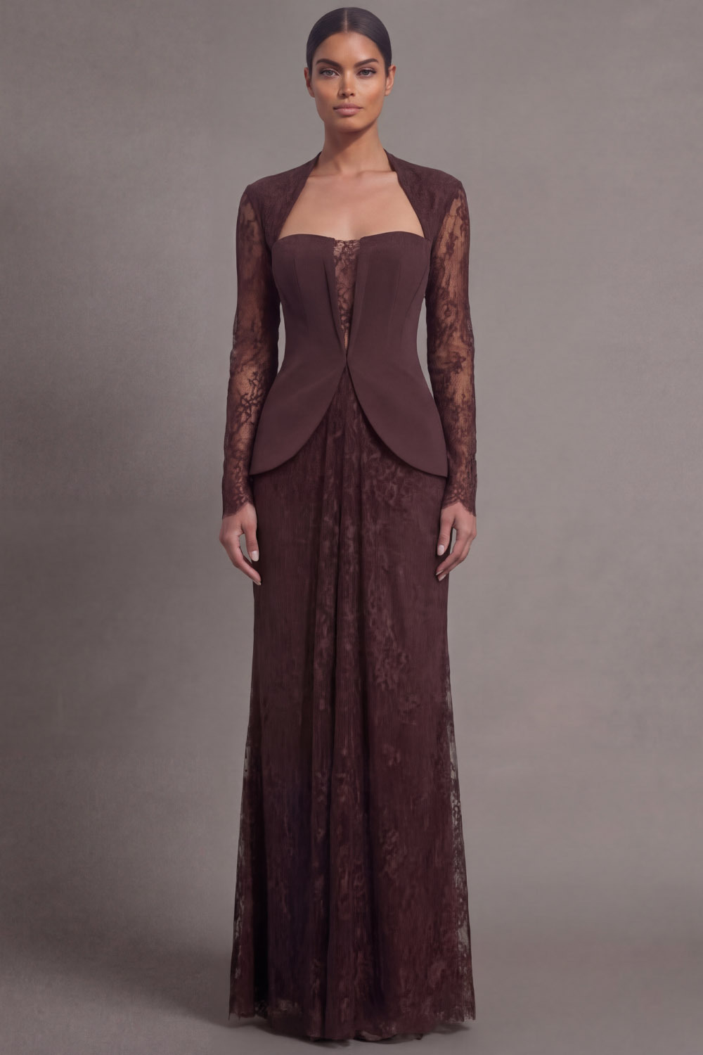 Brown Formal Evening Dress Mermaid Long Sleeve Lace Maxi Dress 