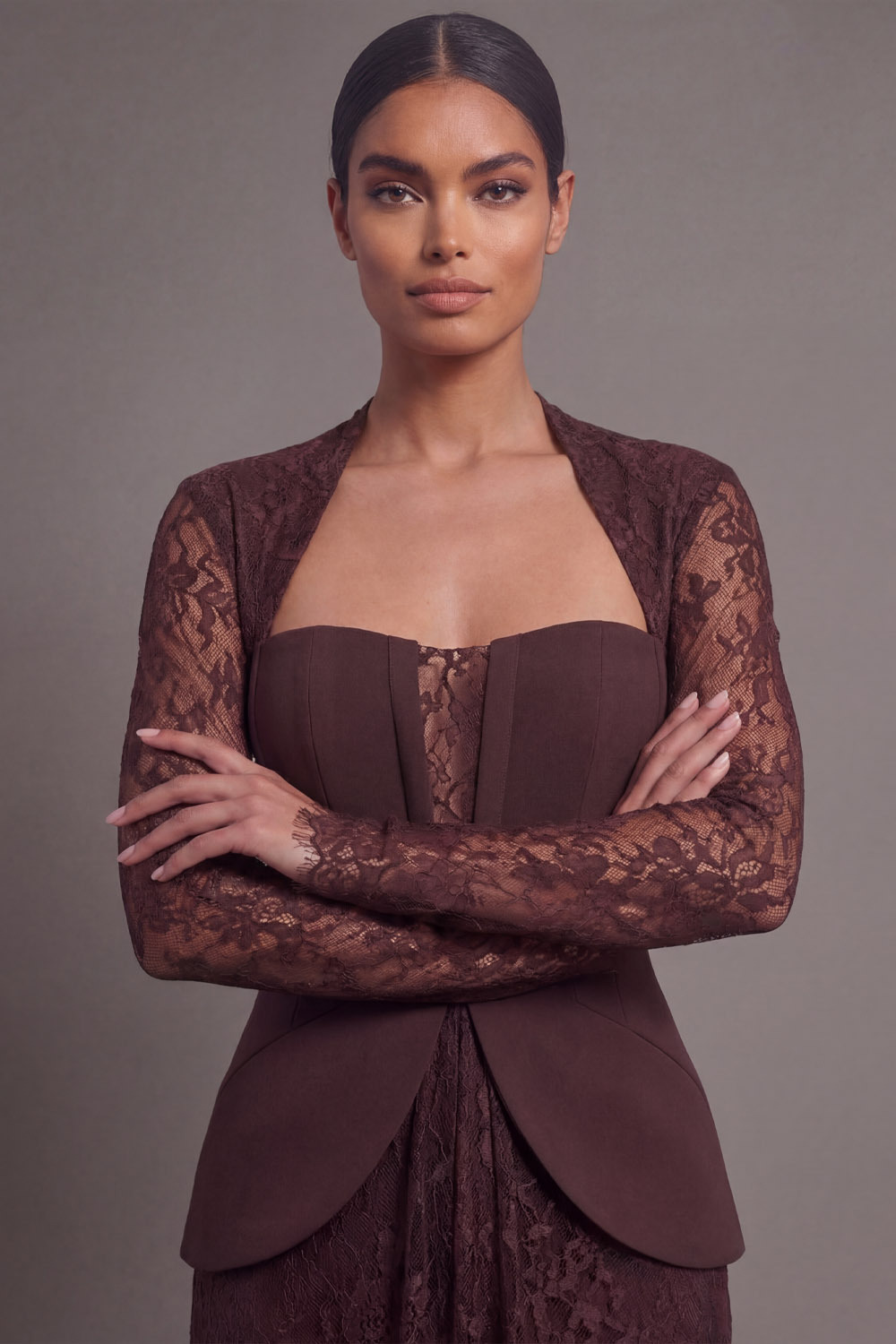 Brown Formal Evening Dress Mermaid Long Sleeve Lace Maxi Dress 