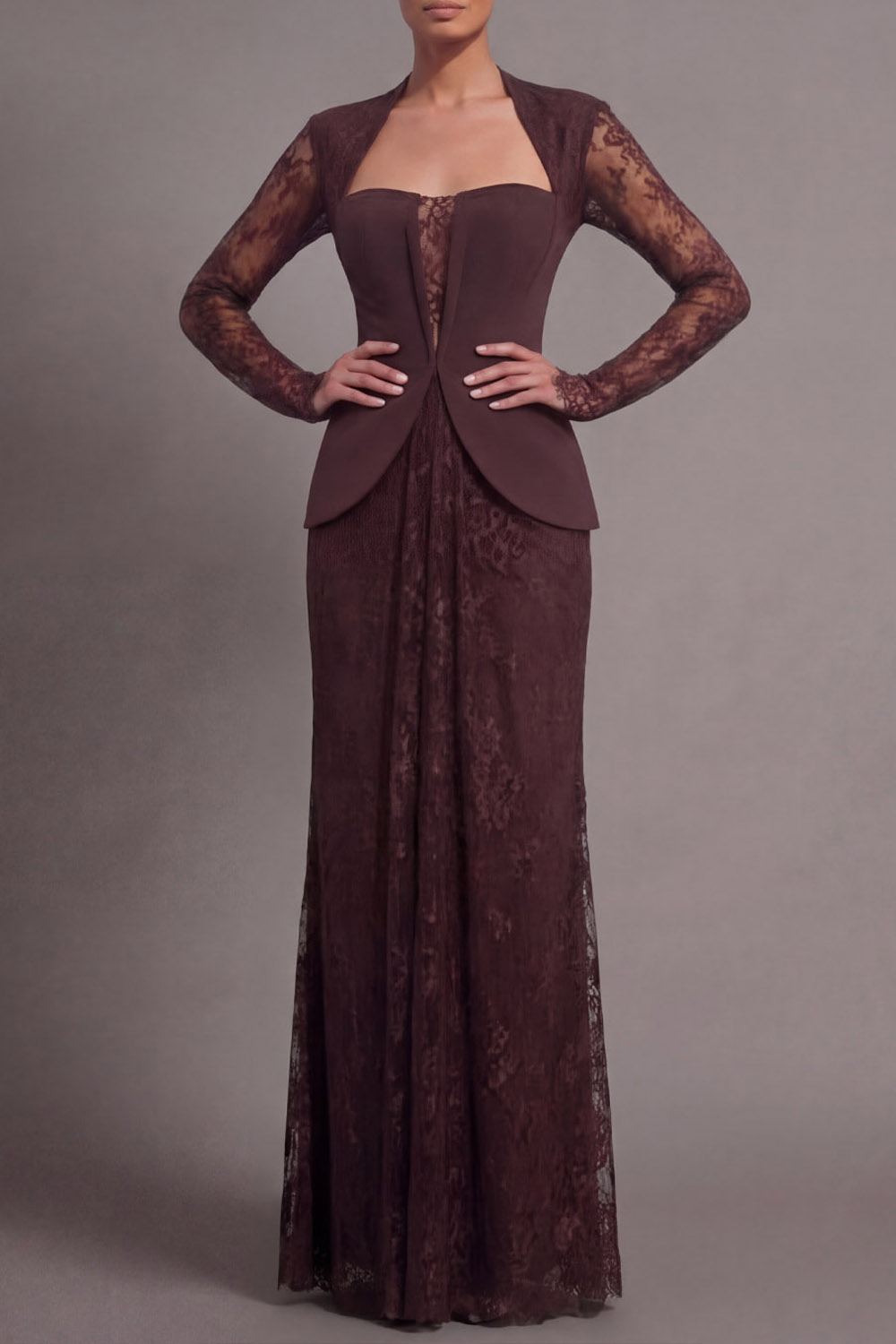 Brown Formal Evening Dress Mermaid Long Sleeve Lace Maxi Dress 