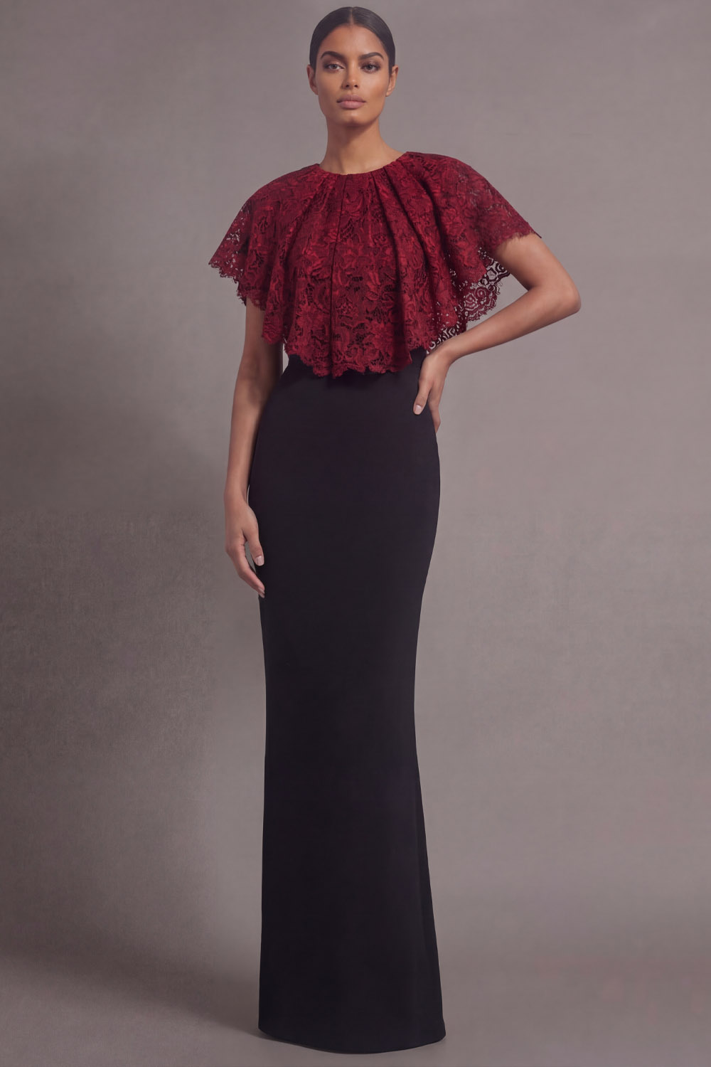 Burgundy Formal Evening Dress Round Neck Maxi Dress with Lace Cape