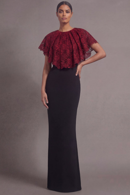 Burgundy Formal Evening Dress Round Neck Maxi Dress with Lace Cape