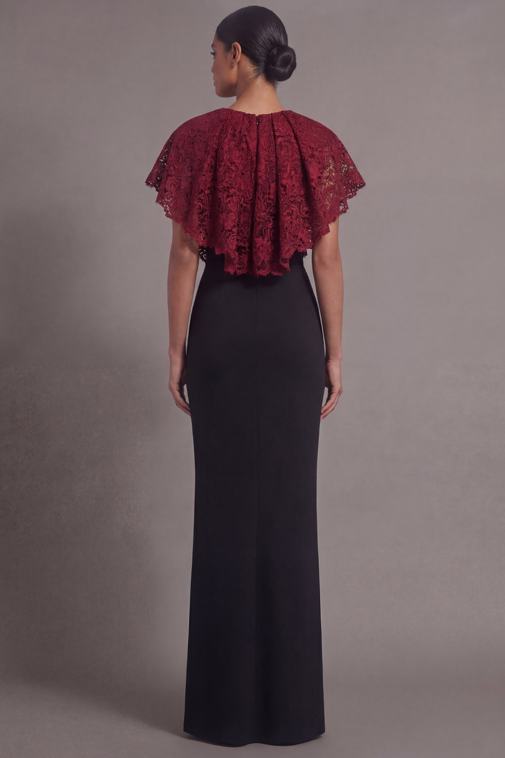Burgundy Formal Evening Dress Round Neck Maxi Dress with Lace Cape