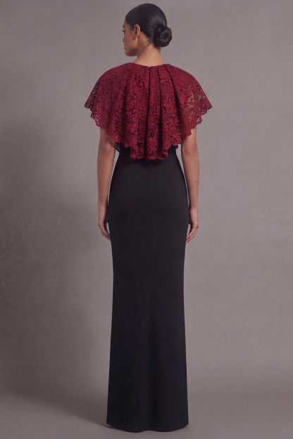 Burgundy Formal Evening Dress Round Neck Maxi Dress with Lace Cape