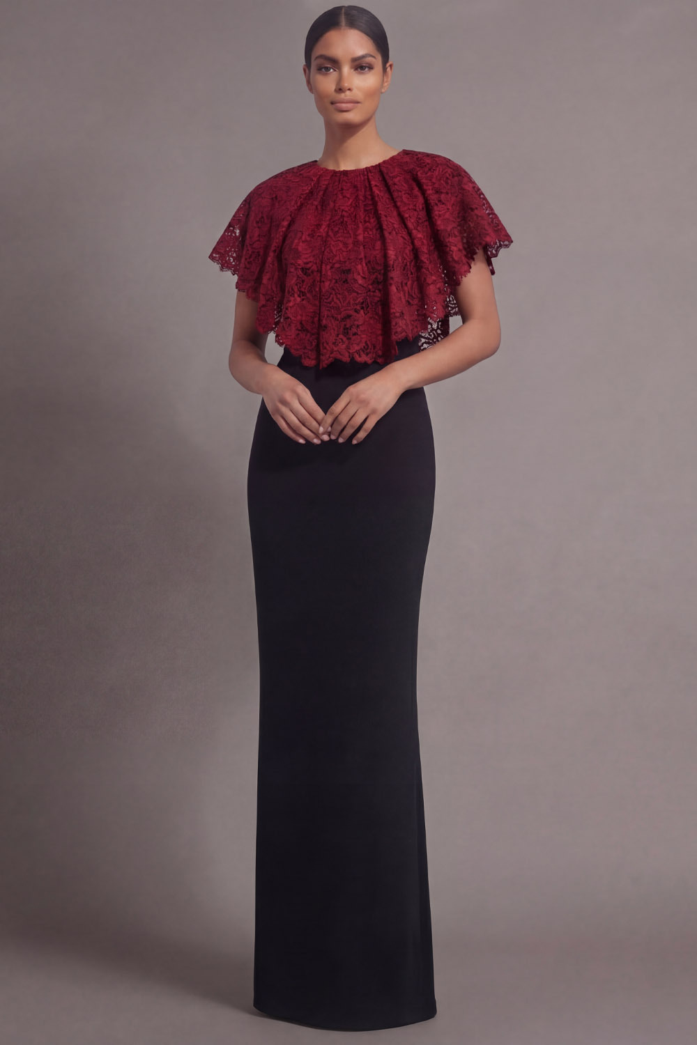 Burgundy Formal Evening Dress Round Neck Maxi Dress with Lace Cape