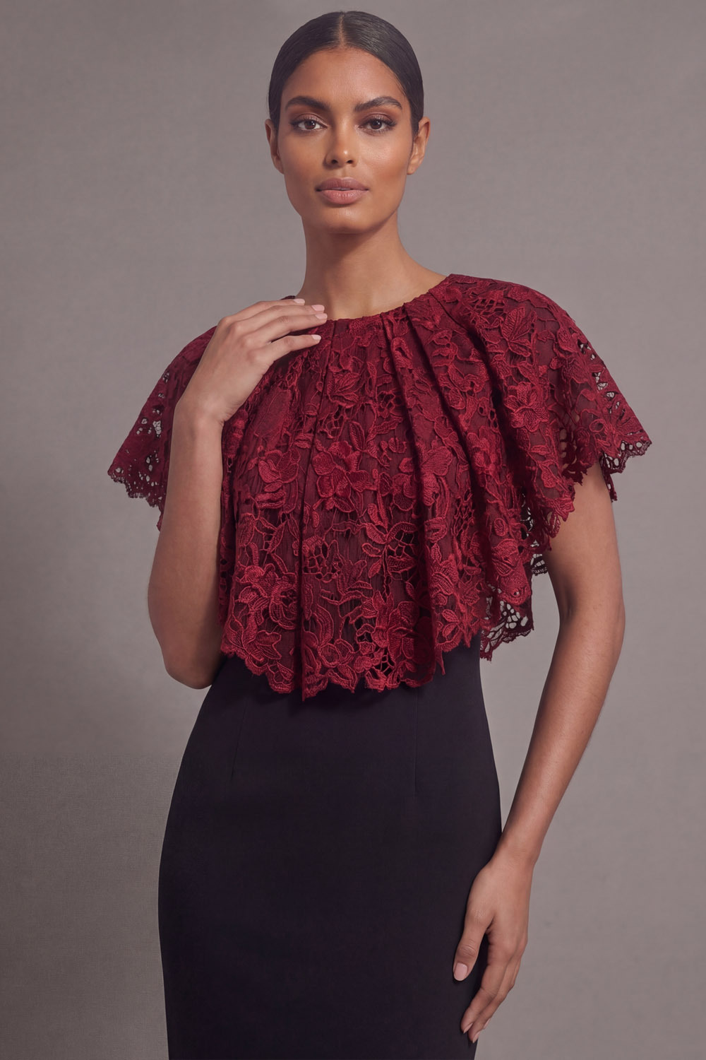 Burgundy Formal Evening Dress Round Neck Maxi Dress with Lace Cape