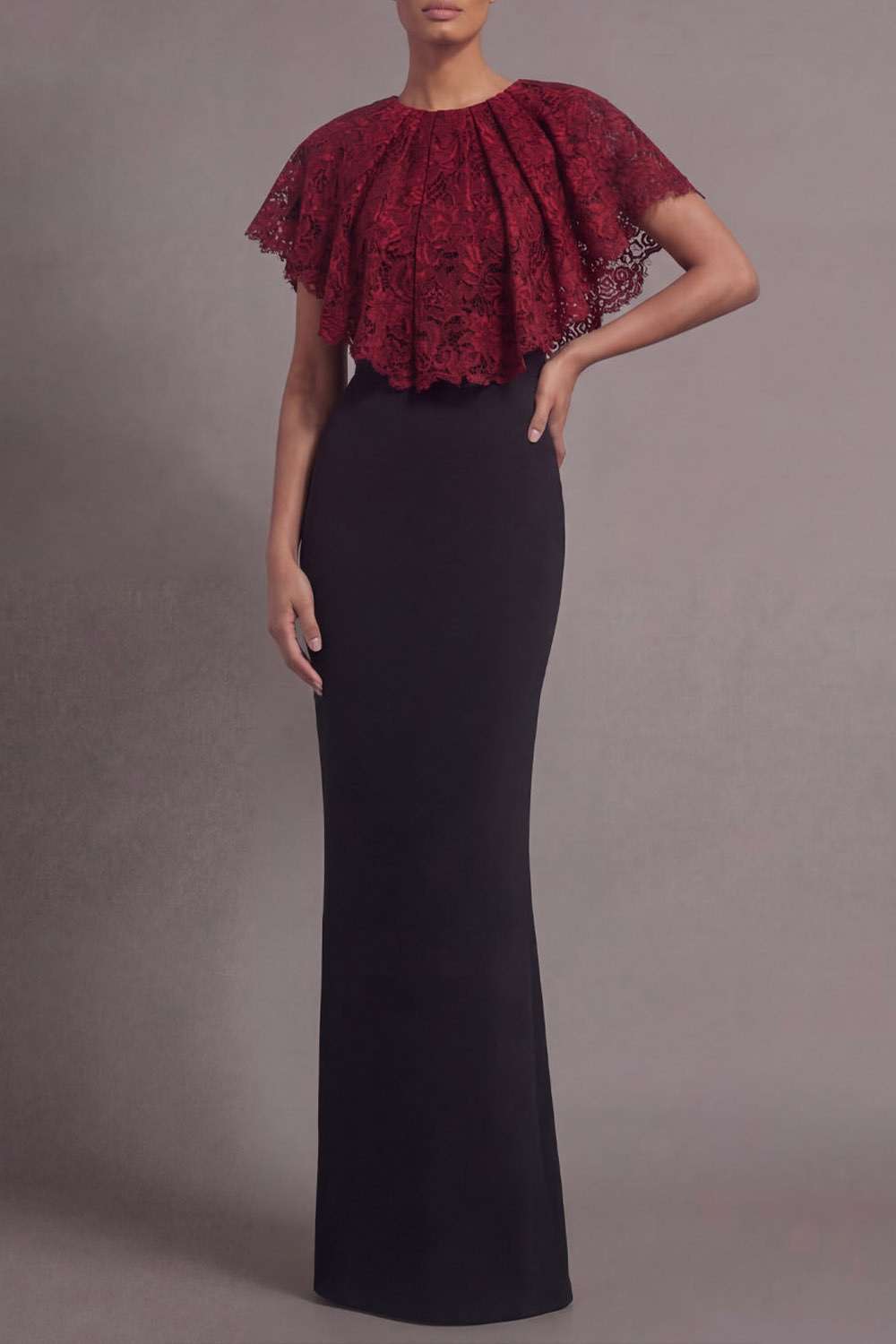 Burgundy Formal Evening Dress Round Neck Maxi Dress with Lace Cape