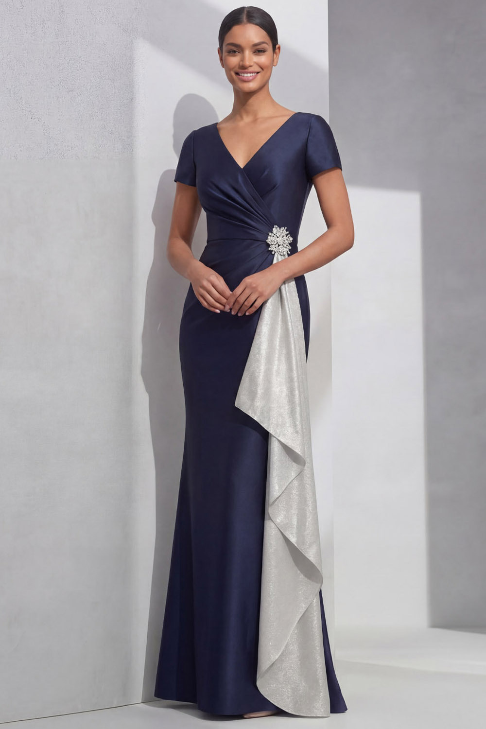 Navy Formal Evening Dress Mermaid V-Neck Maxi Dress with Ruffle