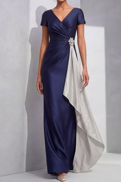 Navy Formal Evening Dress Mermaid V-Neck Maxi Dress with Ruffle