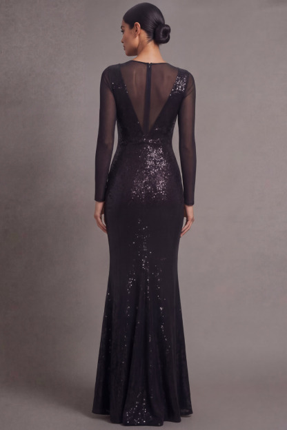 Black Formal Party Dress Mermaid Round Neck Sequin Maxi Dress 