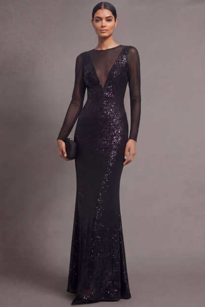Black Formal Party Dress Mermaid Round Neck Sequin Maxi Dress 