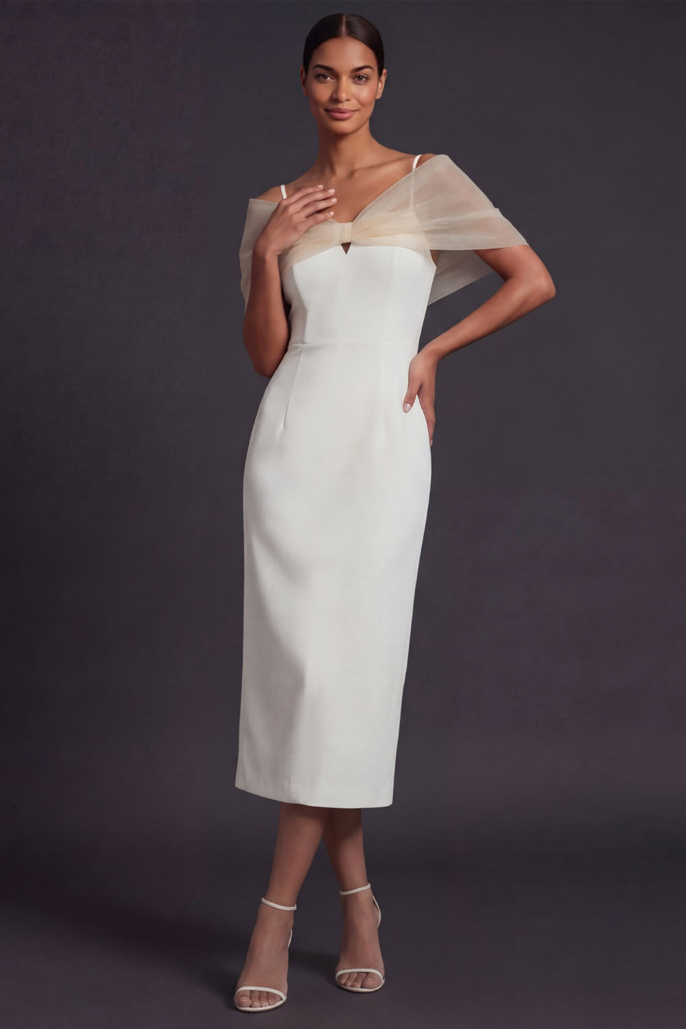 White Formal Evening Dress Sheath Spaghetti Straps Midi Dress with Cape