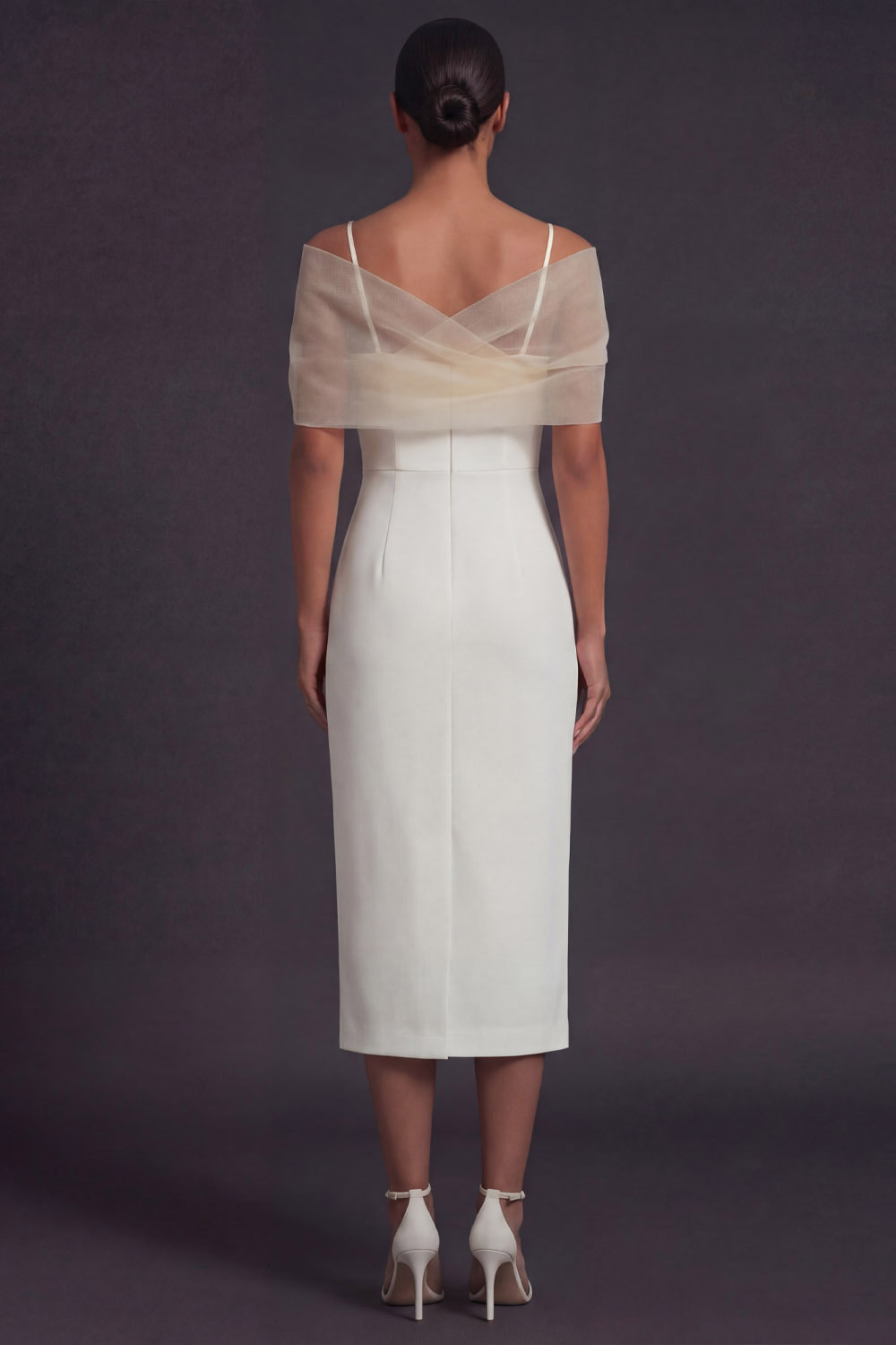 White Formal Evening Dress Sheath Spaghetti Straps Midi Dress with Cape