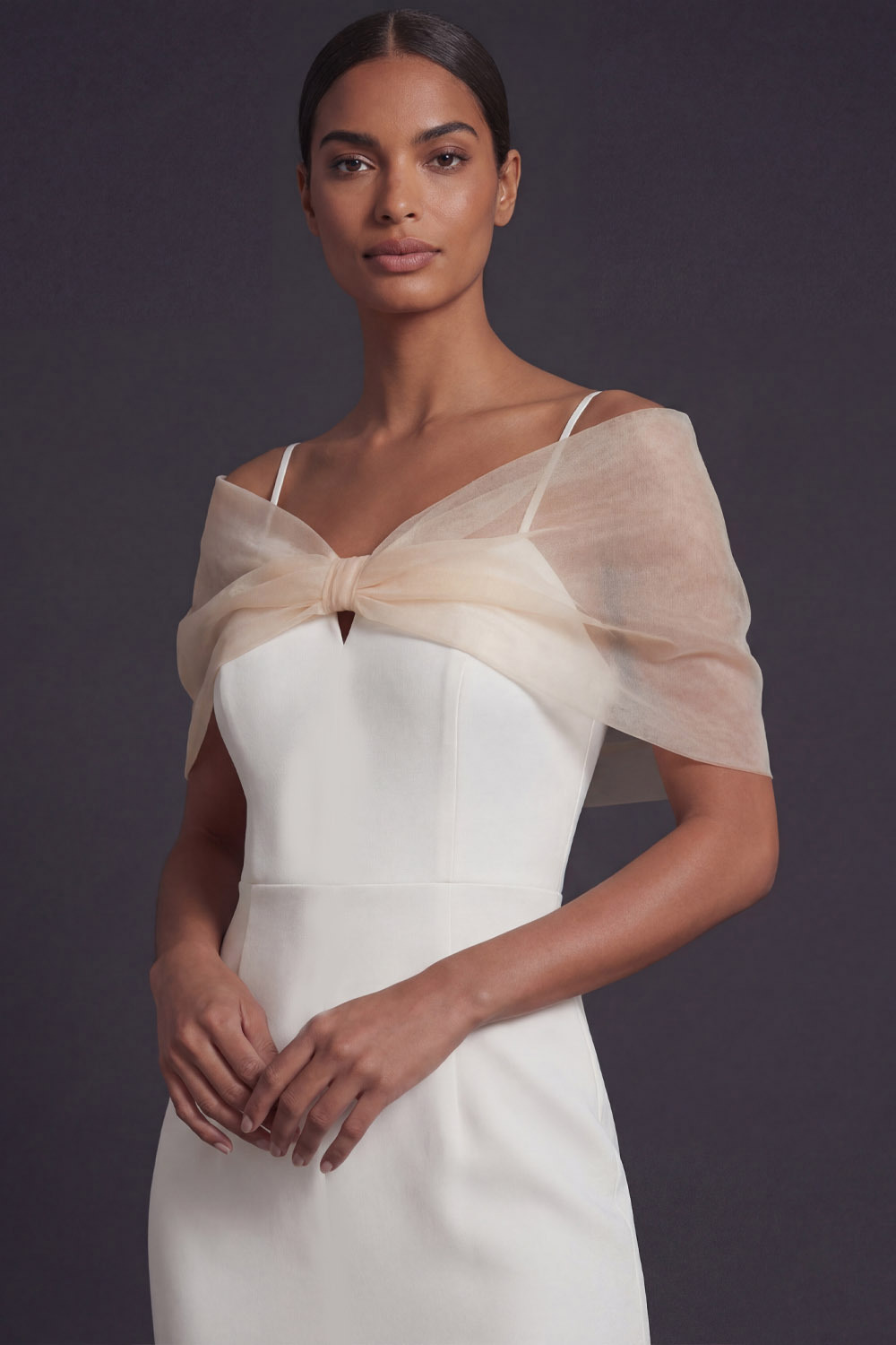 White Formal Evening Dress Sheath Spaghetti Straps Midi Dress with Cape