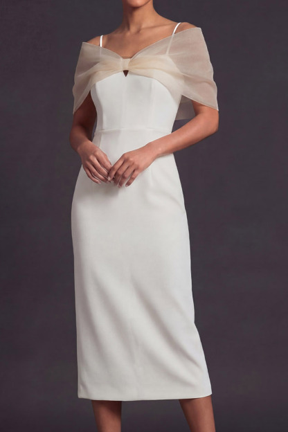 White Formal Evening Dress Sheath Spaghetti Straps Midi Dress with Cape