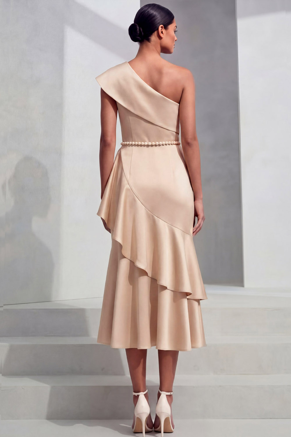 Champagne Formal Evening Dress One Shoulder Beaded Midi Dress with Ruffle