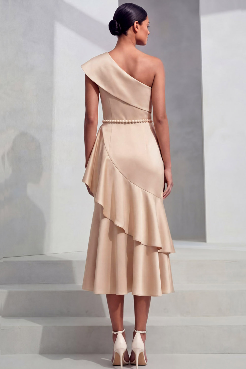 Champagne Formal Evening Dress One Shoulder Beaded Midi Dress with Ruffle