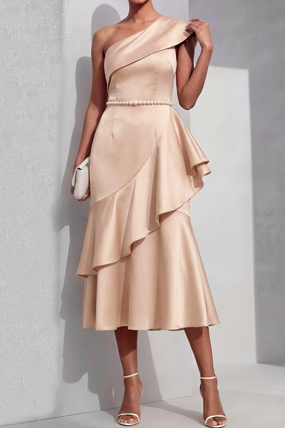 Champagne Formal Evening Dress One Shoulder Beaded Midi Dress with Ruffle